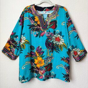 John Mark 1X Boho Vacation Tropical Floral Print Tunic Top Embroidered Trims